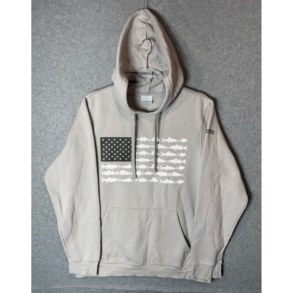 Columbia PFG Hoodie American Flag Fish Graphic Pullover Sweatshirt Mens M‎